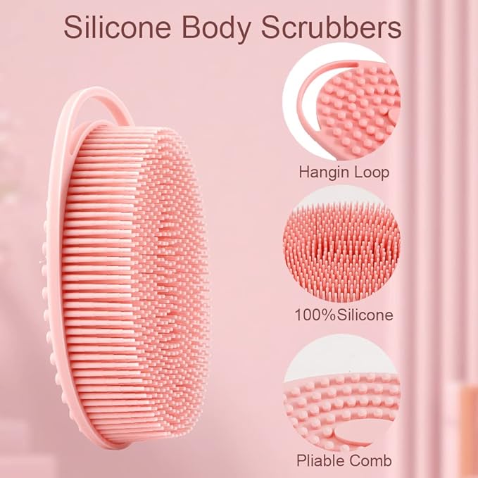 Soft Silicone Body Scrubber 2 PCS Silicone Body Shower, Silicone Loofah 2 in 1 Bath and Shampoo Brush, Body Scrubber Shower Cleaning Exfoliating Use for Sensitive Skin, Lather Well(Pink and Blue)
