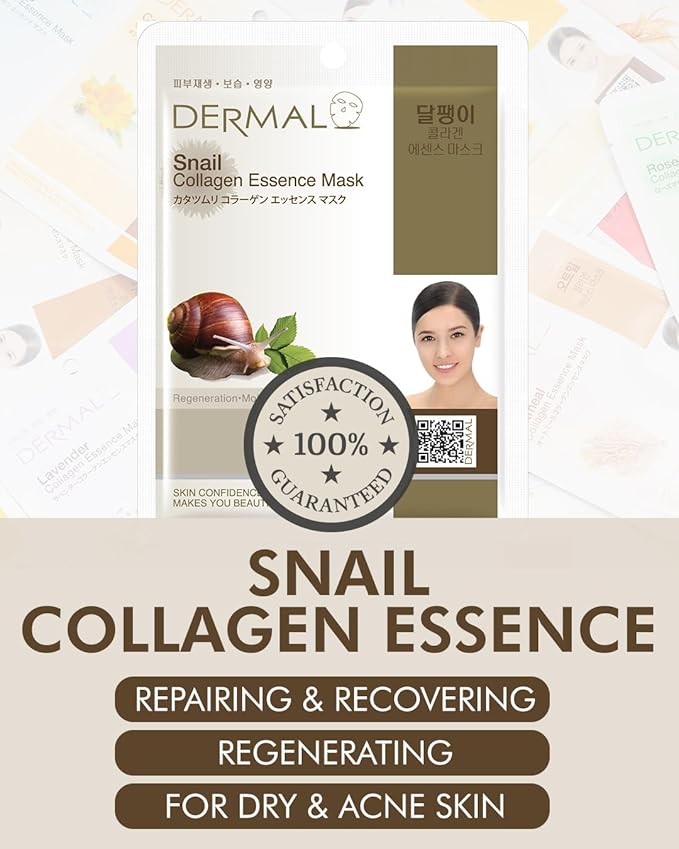 DERMAL Snail Collagen Essence Facial Mask Sheet 23g Pack of 10 - Skin Regenerating & Trouble Care for Acne Prone Skin, Daily Skin Treatment Solution Sheet Mask