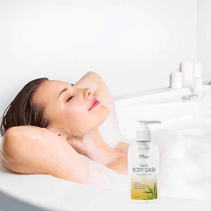 Deluvia Gentle Body Wash, Moisturizing Body Wash with Aloe Vera, Organic Jojoba Seed Oil, Sweet Almond Oil and Vitamin E, Unscented, for All Skin Types, Including Sensitive Skin.