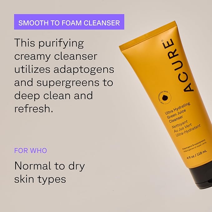 Acure Ultra Hydrating Green Juice Face Cleanser - Superfood Cleanser, Green Face Wash for Women & Men, Clean Skin Formula with Spinach, Blackhead Remover, Pore Scrub, Facial Cleansing Foam - 4 fl oz