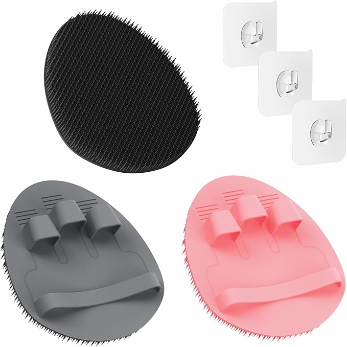 Manmihealth 3 PCS Soft Silicone Shower Brush, Super-Lathering and Deep-Cleaning Silicone Body & Face Scrubber, Gentle Exfoliating Bath Glove for All Skin Types with Free Hooks (Black +Gray+ Pink)