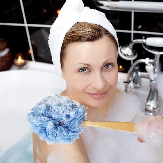 Loofah with Handle, Loofah on a Stick, Shower Sponge with Handle, Bath Brush, Shower Brush for Body, Back Scrubber for Shower, PE Soft Mesh Luffa for Men and Women