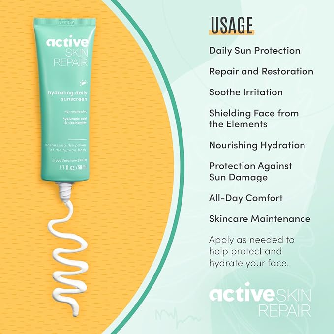 Active Skin Repair SPF 50 EWG-Certified Hydrating Daily Sunscreen and Face Moisturizer, Non-Nano Zinc, Non-Toxic Broad Spectrum Protection Hydrating Mineral Facial Sunscreen, 1.7 fl. oz.