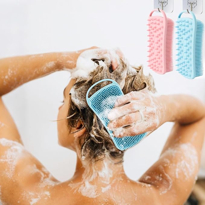 Silicone Body Scrubber, 2 in 1 Soft Silicone Loofah 2 Pack Exfoliating Body Scrubber Loofah for Women Men, Body Scrubber Shower Bath Shampoo Brush with Loop for Sensitive Skin Lather Well, Pink & Blue