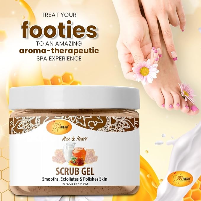 SPA REDI – Exfoliating Scrub Pumice Gel, Milk and Honey, 16 Oz - Manicure, Pedicure and Body Exfoliator Infused with Hyaluronic Acid, Amino Acids, Panthenol and Comfrey Extract