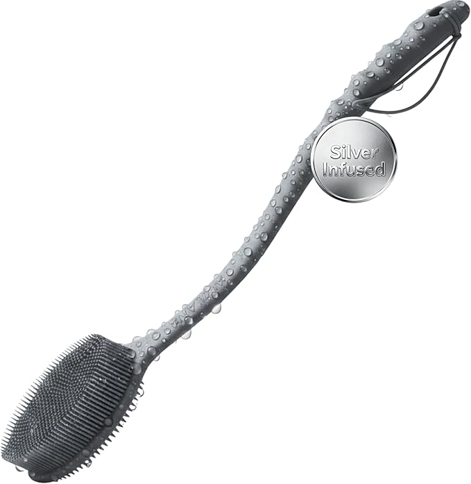 Silver Infused Long Handle Back Scrubber - 19 inch Premium Extended Reach Body Brush - Avilana Advanced Material Bath Tool Easy Grip - Luxury Body Wash Brush Gift