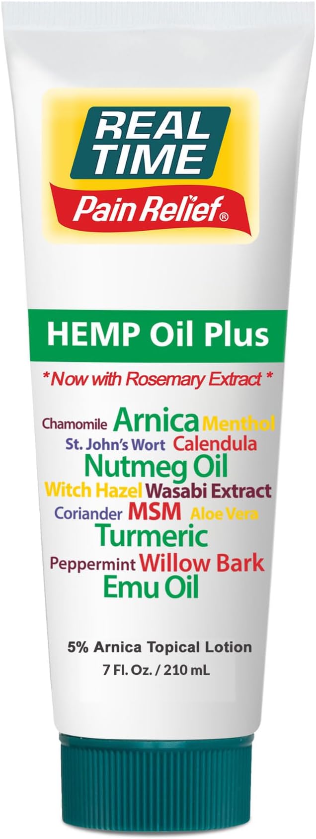 Real Time Pain Relief Hemp Oil Plus 7 oz Tube | 20 Natural Ingredients: 5% Arnica, Turmeric & More | Fast-Absorbing Lotion for Muscles, Hands, Feet, Ankles, Back, Shoulders & Knees