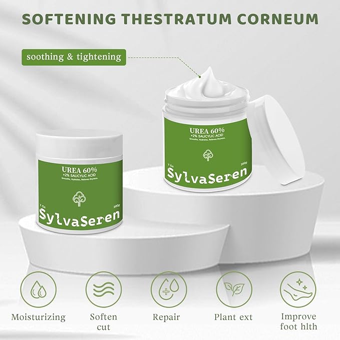 Urea Cream 60 Percent Foot Cream Unscented Maximum Strength For Dry Cracked Heels Plus 2% Salicylic Acid 60% Urea Foot & Hand Lotion With Tea Tree Oil, Coconut Oil, Shea Butter - 7 Oz
