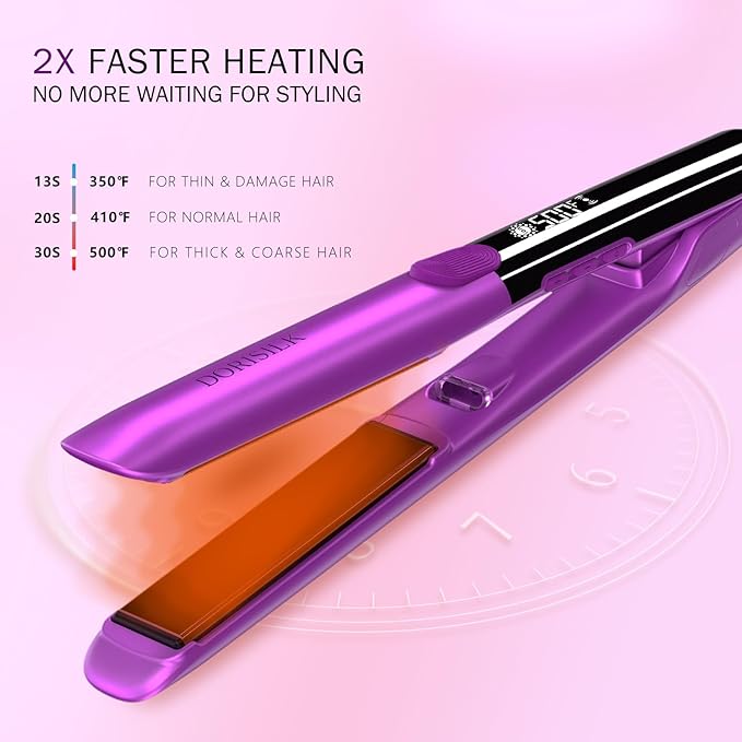 DORISILK 500 Degree High Temp Professional Hair Straightener，15s Fast Heating Ceramic Flat Iron ，2 in 1 Hair Straightener and Curler，Plasma Flat Iron Get Frizz-Free ，Dual Voltage for Travel Purlpe