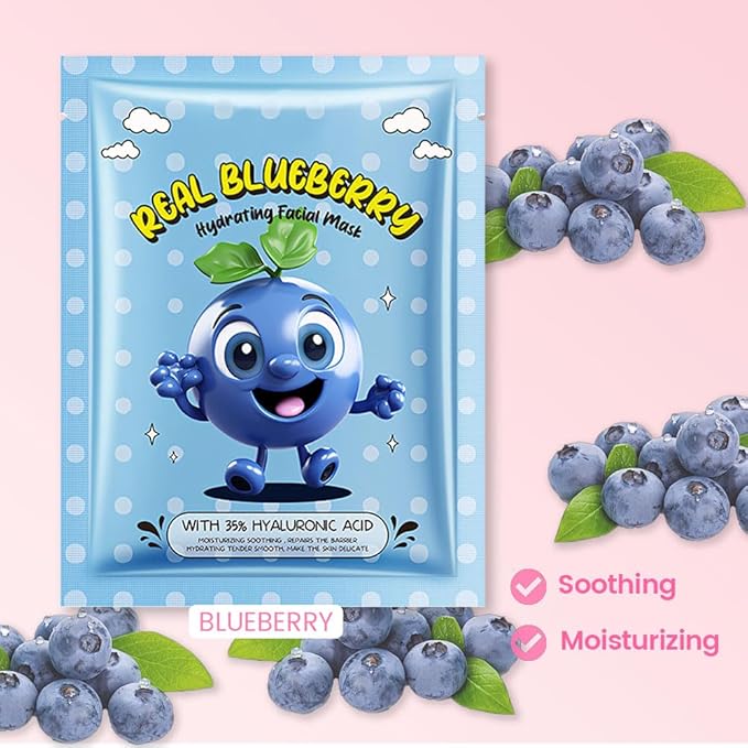 8 PCS Real Hydrating Nature Face Masks Skincare, Hyaluronic Acid, Vitamin C and E, Chamomile, Korean Beauty Essence Facial Paper Sheet Mask for Skin Care Moisturizing (Blueberry)
