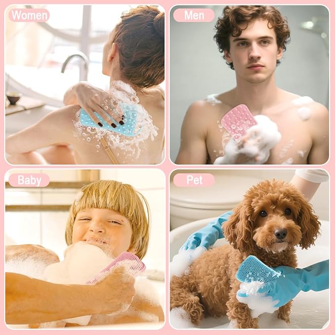 Silicone Body Scrubber, 2 in 1 Soft Silicone Loofah 2 Pack Exfoliating Body Scrubber Loofah for Women Men, Body Scrubber Shower Bath Shampoo Brush with Loop for Sensitive Skin Lather Well, Pink & Blue