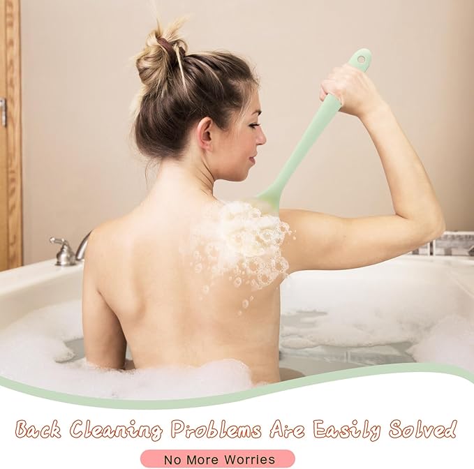 2 Pcs Body Shower Brush Long Handle Back Scrubber Brush with Bristles and Loofah Mesh Sponge for Skin Exfoliating Bath Wet Dry Massage Brushing - Pink+Green