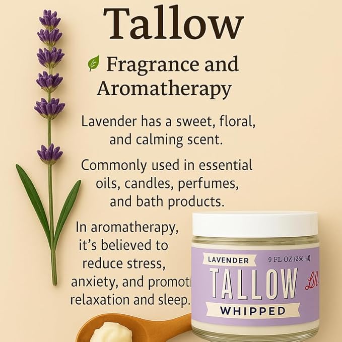 Whipped Tallow 9oz - All Natural Face Cream + Whole Body Moisturizer for Dry Skin - Made With Scented Oil Blend - No Preservatives, Parabens or Seed Oils - USA Made (Lavender)