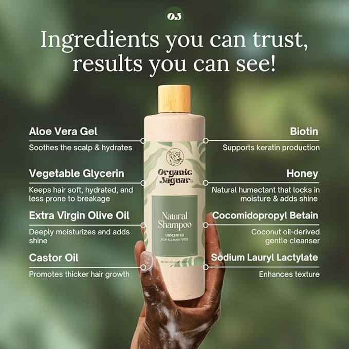 Organic Jaguar Natural Shampoo for Hair Care, Sulfate Free Shampoo with Castor Oil, Honey, Biotin, Glycerin, Aloe Vera & Mild Thickening Agent, Unscented, Dry to Color Treated to All Hair, 13.5 fl oz