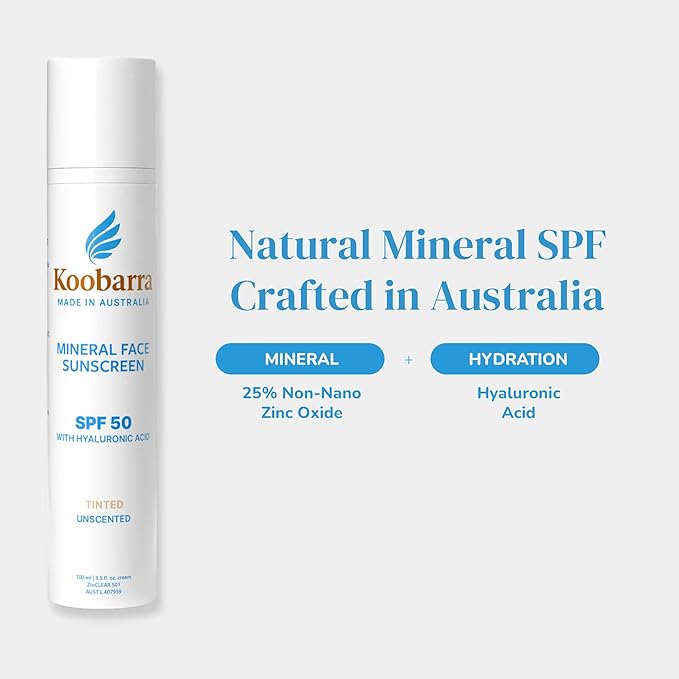 Mineral Face Sunscreen SPF 50, Tinted Aussie Zinc Oxide Sunblock with Hydrating Hyaluronic Acid, Reef Safe, Natural, Vegan, Australian Made, 80min Water Resistant, Unscented, 100g 3.4oz