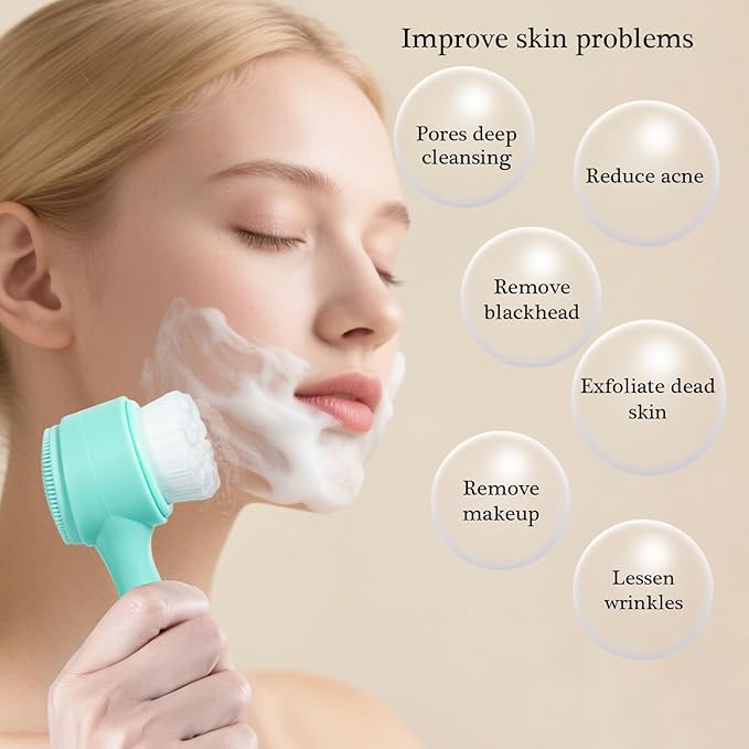 Face Brush 2 in 1, Facial Cleansing Exfoliating Scrubber Brush, Silicone Double Side Manual Face Wash Scrub Brush with Soft Fiber for Deep Pore Cleansing, Massaging, Skin Care,Green