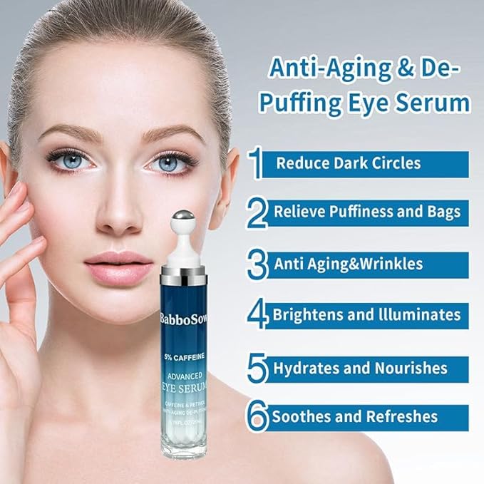 5% Caffeine & Retinol Eye Cream for Dark Circles, Puffiness & Wrinkles - Anti Aging Under Eye Serum with 360° Roller Ball - Men & Women Dark Circle Treatment