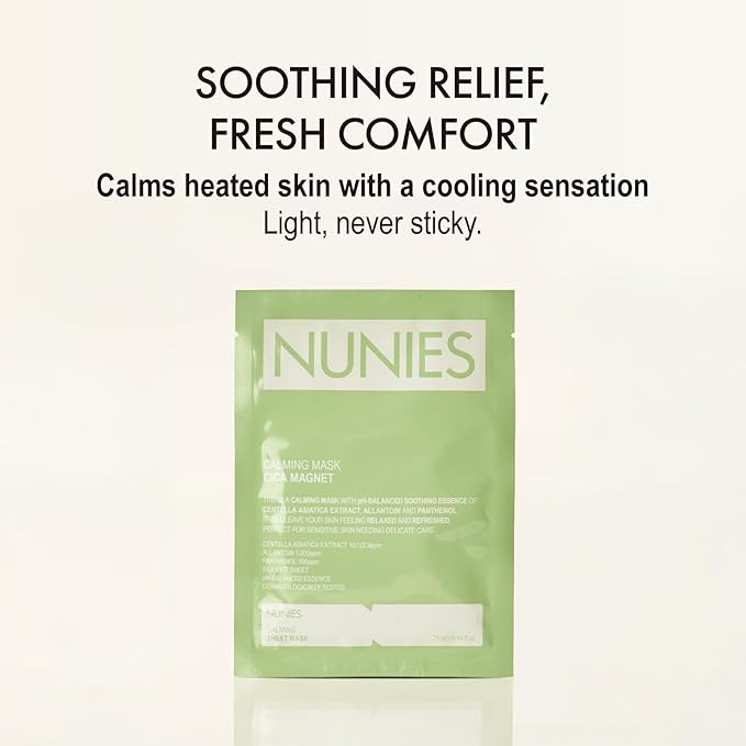 NUNIES Calming Sheet Mask – Korean Soothing Face Mask for Redness & Sensitive Skin | CICA, Allantoin & Panthenol | pH-Balanced | Alcohol-Free, Fragrance-Free, Colorant-Free | 5 Sheets