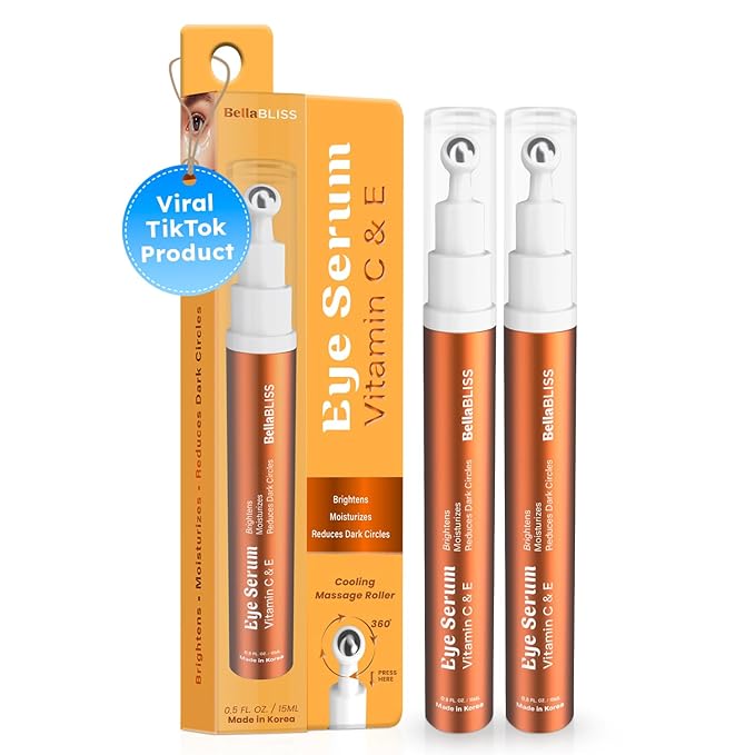 BellaBLISS Eye Serum with Vitamin C & Vitamin E – Hydrating Under Eye Roller for Puffiness, Wrinkles & Dark Circles – Lightweight Cooling Formula – 0.5 fl oz / 15 ml – Pack of 2