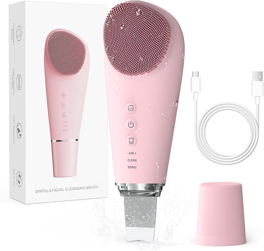 2 in 1 Electric Face Scrubber Silicone Facial Cleansing Brush, Exfoliator Scrubber & Skin Spatula Pore Cleaner Blackhead Remover Tools, Waterproof Face Brush Exfoliating Deep Cleaning Massager, Pink