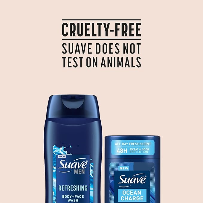 Suave Men’s Body Wash, Refresh + Invisible Solid Ocean Charge Antiperspirant Deodorant Stick, 48H Sweat & Odor Protection (2 Piece Set)