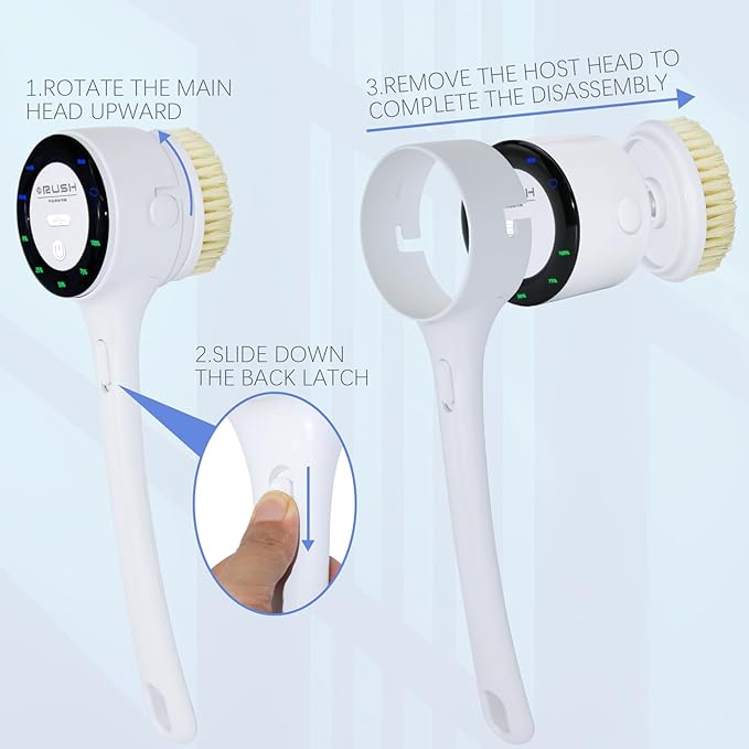 Electric Body Brush Back Scrubber - Waterproof Long Handle 5-in-1 Rechargeable Bath Brush with 3 Speed Modes, Exfoliating & Massaging Shower Brush for Body (White)