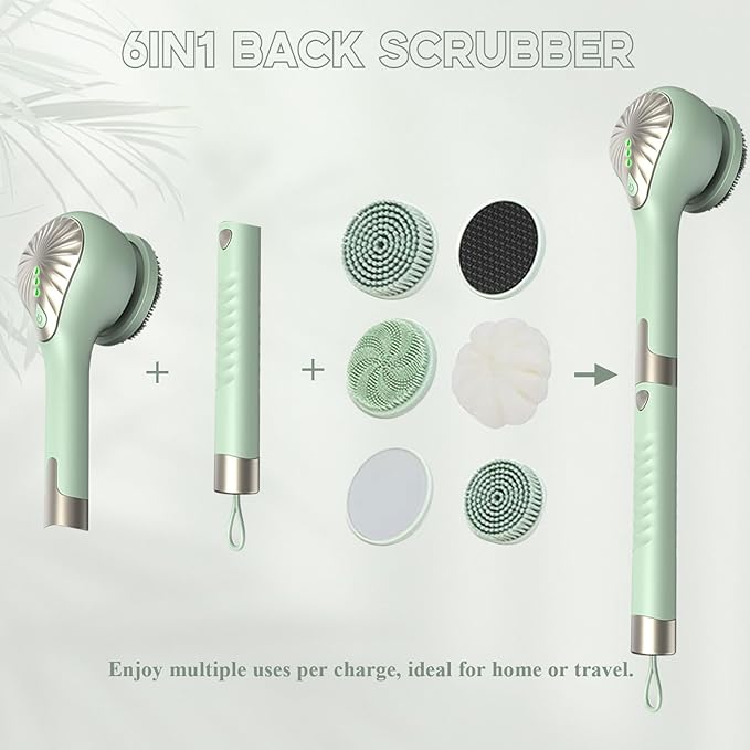 Electric Body Brush, 6in1 Back Scrubber for Shower with 3 Speed, IPX7 Waterproof Silicone Bath Scrubber, Rechargeable Electric Spin Scrubber, Cordless Bath Brush for Clean Exfoliate Massage (Green)