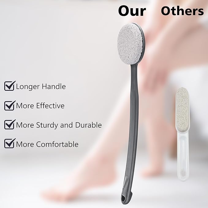 Pumice Stone for Feet with Long Handle 13.7", Hard Skin Callus Remover, Scrubber and Exfoliator for Dead Dry Skin, Softer & Smoother Feet, Pedicure Tool (Curved),Grey