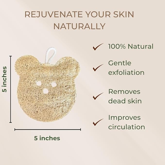 Natural Bear Shape Loofah Sponge, Exfoliating Body Scrubbers (2 Pack), Biodegradable Bath Loofahs Sponge, Gentle, Chemical-Free Bath & Body Loofah for Women, Men and Kids, Made with Natural Loofah