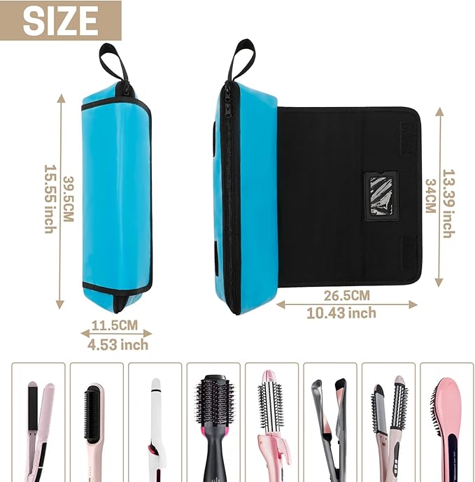GNEGNI Hair Tools Travel Bag with Heat Resistant Mat, 2-in-1 Portable Hot Tools Organizer fits Curling Iron, Straightener & Hair Accessories, Travel Vacation Essentials(Blue/Pink) (Blue)