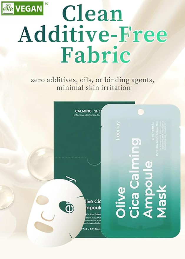 freemay Olive Cica Calming Ampoule Mask, Helps Support Skin Barrier & Calms Look of Redness, Vegan Sheet Mask for Sensitive Dry Acne-Prone Skin, 10 Sheets