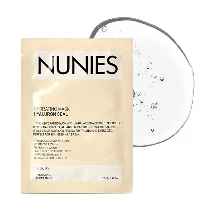 NUNIES Hydrating Sheet Mask – Korean Moisturizing Face Mask for Dry & Sensitive Skin | 10-Layer Hyaluronic Acid, Trehalose & Allantoin | Glow, pH-Balanced | Fragrance-Free, Colorant-Free | 5 Sheets