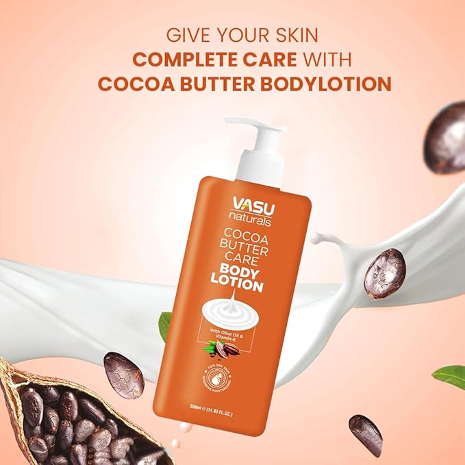 Vasu Naturals Cocoa Butter Body Lotion for Dry Skin - 24-Hour Hydration with Olive Oil & Vitamin E, Non-Greasy, Fast-Absorbing Moisturizer - Pack of 2-11.83 fl oz each