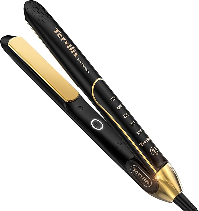 Terviiix 100% Titanium Flat Iron, 24K Salon Professional Hair Straightener and Curler 2 in 1, Non-Snagging Straightening Iron for One Swipe, 15s Ultra Fast Heating, Dual Voltage, Auto Shut Off, 1''
