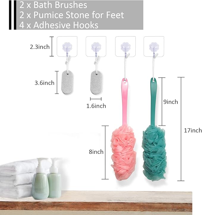 Back Scrubber for Shower, Back Brush Long Handle for Shower, Soft Nylon Mesh Sponge for Shower, Loofah On a Stick for Men Women, Exfoliating Scrub Cleaning Luffa for Elderly