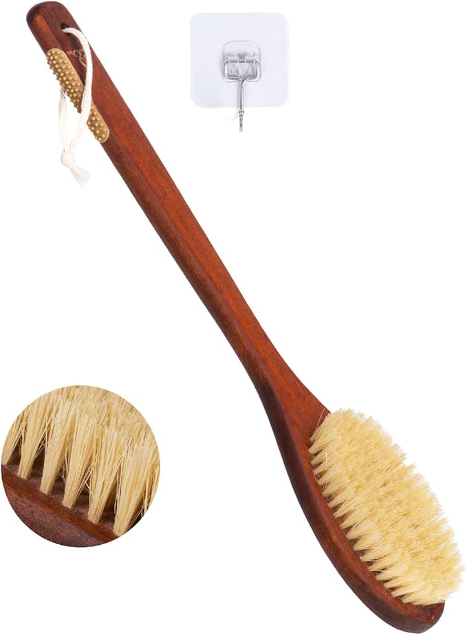 Wooden Bath Brush with Stiff Sisal Bristles Long Handle for Shower Back Scrubber Body Exfoliator, with Hook for Hanging (Stiff Sisal Hair)