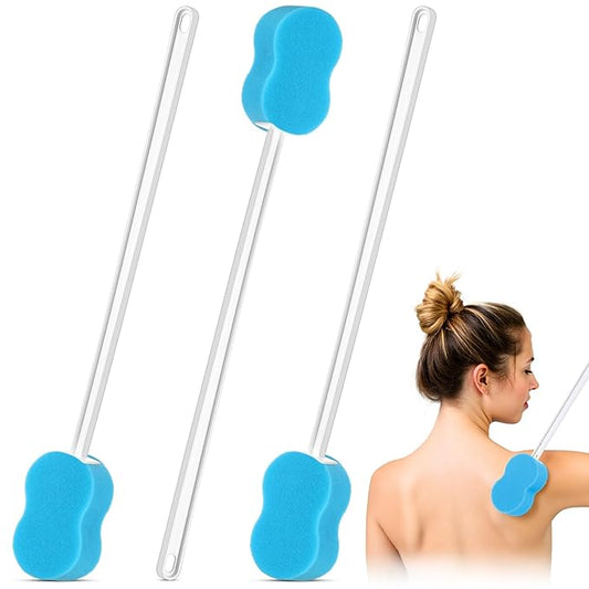 Norme 3 Pcs 22.4 Inch Long Handle Back Bath Sponge Lightweight Sponge on a Stick Body Cleaning Handled Washer Scrubber for Foot Body Limited Range of Motion, Blue