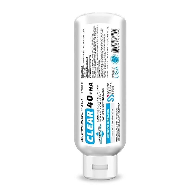 CLEAR 40 HA, 40% Urea Gel, 1% Hyaluronic Acid, 4 oz w/ Tea Tree & Coconut Oil, Aloe Vera, Callus & Corn Remover Softens Cracked Heels, Feet, Elbows, Hands, Nails, Superior hydration to Urea Creams