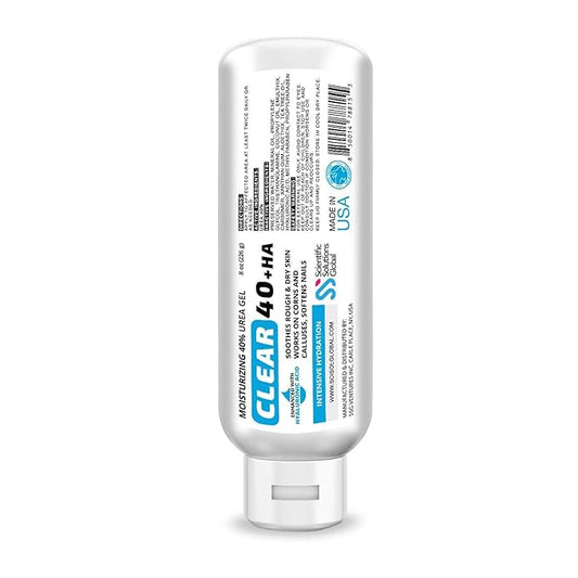 CLEAR 40 HA, 40% Urea Gel, 1% Hyaluronic Acid, 4 oz w/ Tea Tree & Coconut Oil, Aloe Vera, Callus & Corn Remover Softens Cracked Heels, Feet, Elbows, Hands, Nails, Superior hydration to Urea Creams