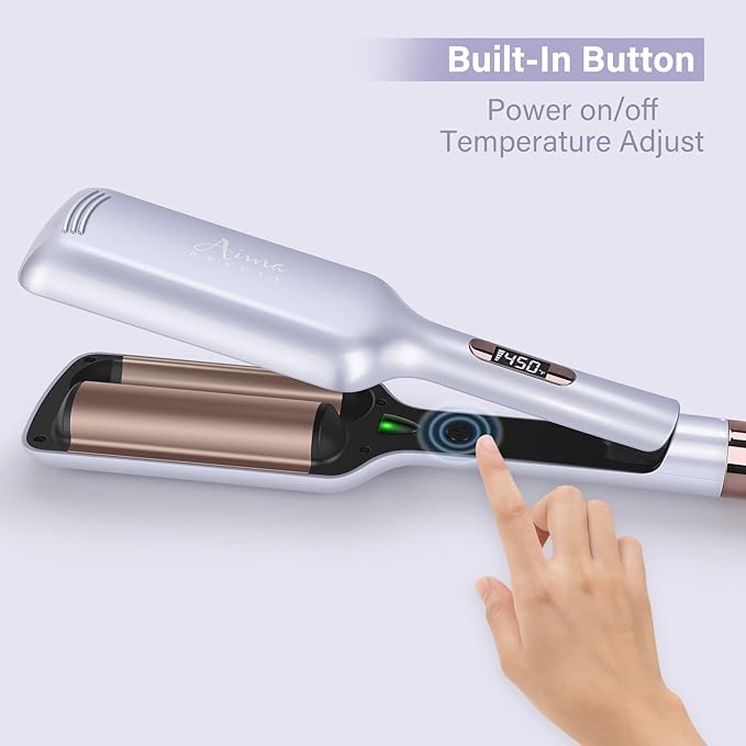 32mm Aima Beauty 2 Barrel Curling Wand Big Wave Mermaid Hair Waver, Anti-Scald Curling Iron, Negative Ionic Emitter Lock Moisture Worldwide Dual Voltage Medium/Long Hair (Purple)