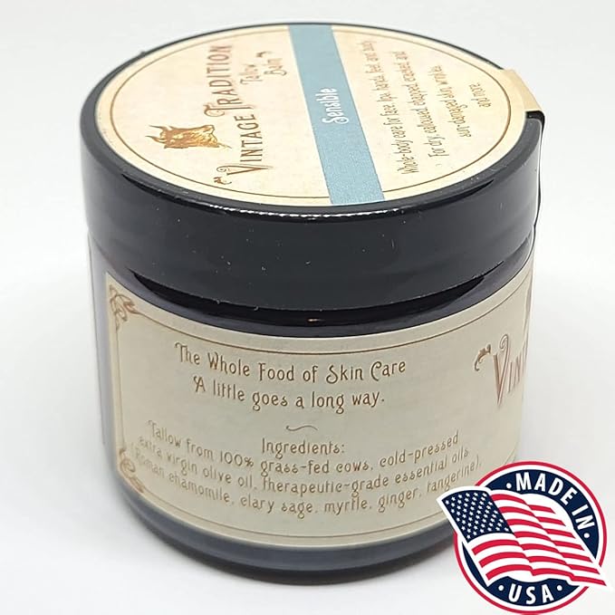 Vintage Tradition Beef Tallow All Purpose Balm - Healing, Hydrating Luxurious Skin Care Salve Replaces Body Lotion, Hand Cream, More - Essential Oil, Olive Oil, and Grass-Fed Tallow, 2 fl. oz.