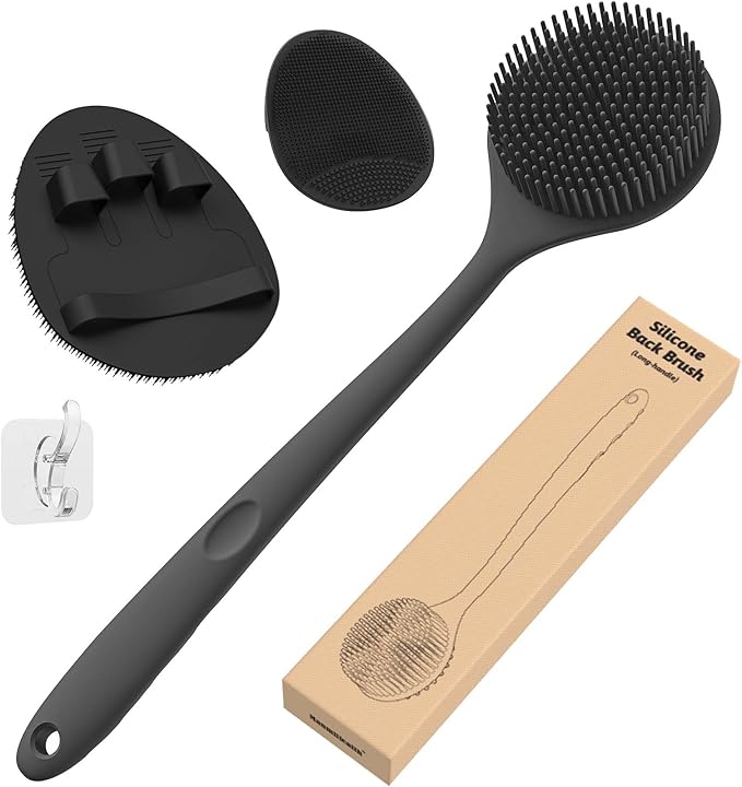Manmihealth Silicone Back Scrubber (Thin Bristles) & Bath Glove & Face Brush Set(3PCS), Exfoliating Body Scrubber, Shower Brush, Face Scrubber Combination, with a Hook (Random Color Pink or Black)