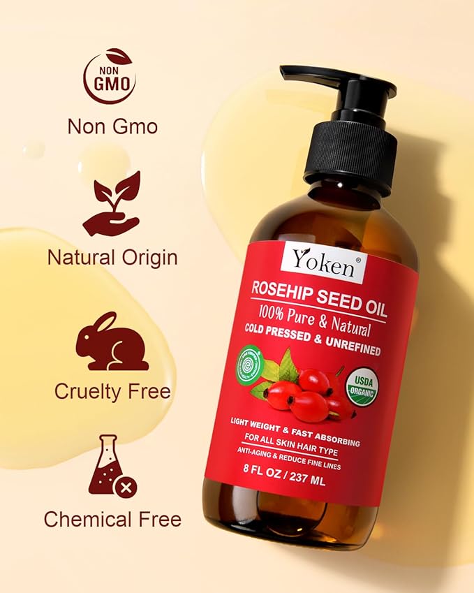 Rosehip Seed Oil Organic, USDA Certified 100% Pure Rosehip Oils for Face, Hair & Body, 8 fl oz Cold Pressed Rose Hip oil for Skin Moisturizing, Scar Fading, Gua Sha, Massage, Carrier Oil DIY