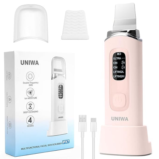 UNIWA Skin Scrubber Face Spatula, Skin Scrubber Pore Cleaner Blackhead Remover Tool for Deep Facial Cleansing - 4 Modes, Face Spatula with USB Charger, LCD Display, IPX7 Waterproof -Pink