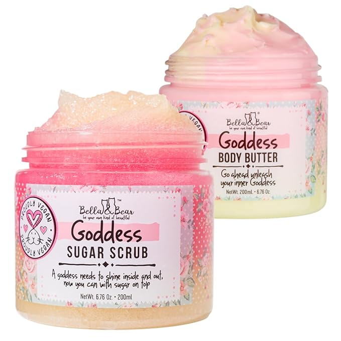Bella & Bear Gift Set - 3-in-1 Body Scrub & Goddess Body Butter in Glossy Pink Box - Vegan, Cruelty-Free, Mango-Pineapple-Coconut Scent