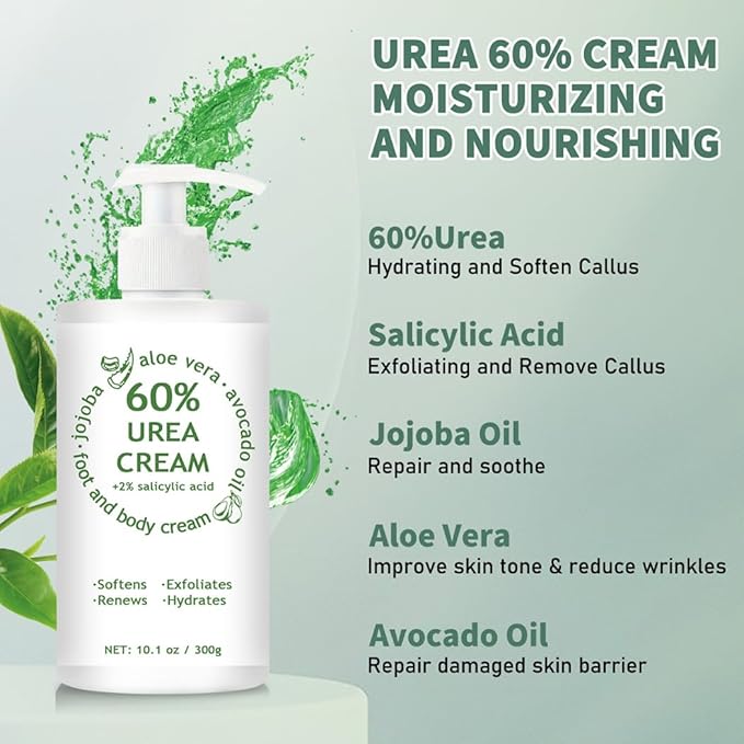 60% Urea Cream Maximum Strength, 10.1 oz - Foot & Hand Cream for Dry Cracked Skin, Callus Remover, with 2% Salicylic Acid - Deep Moisturizer for Cracked Heels, Rough Elbows & Knees - Fast Absorbing