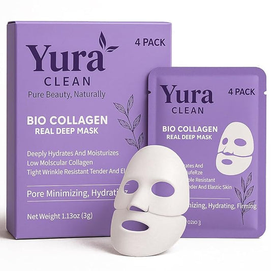 Yura Clean Collagen Face Mask – Korean Overnight Bio-Collagen Sheet Mask for Glowing, Hydrated & Firm Skin – Anti-Aging, Moisturizing & Skin Rejuvenation – 4 Pack – Ideal Holiday Gift for Women