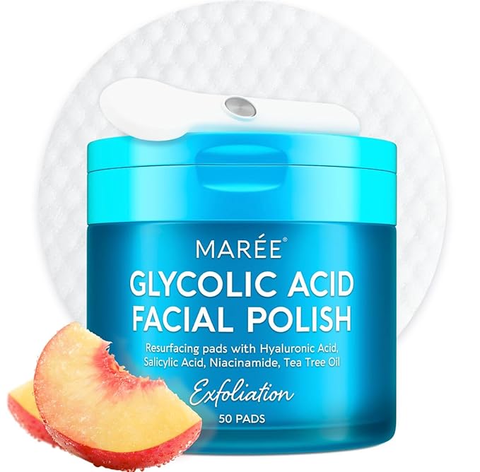 MAREE Glycolic Acid Pads - Toner Pads for Face Cleansing - Exfoliating Pad with Tea Tree Oil, Salicylic Acid & Vitamins E, B3, B5 - Acne Clearing, Skin Pore Resurfacing & Radiance Device - 50 Count