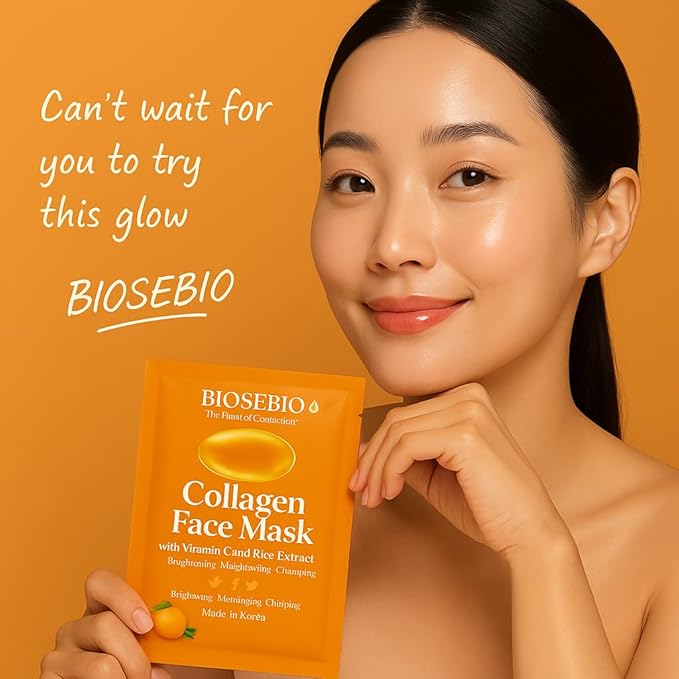 BIOSEBIO Korean Collagen Face Mask with Vitamin C & Rice Extract -5 Packs - Hyaluronic Acid Sheet Masks for Deep Hydration & Anti-Aging - Moisturizing Facial Skincare for Women