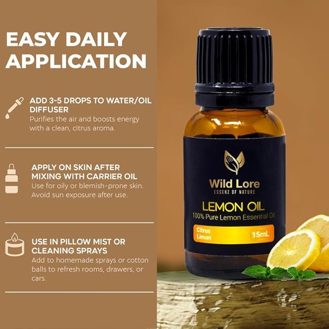 Lemon Essential Oil, 15ml, 100% Pure and Natural, Cold Pressed from Lemon Peel, Aromatherapy Oil for Diffuser, Skin, Hair, Natural Cleaning, Home Freshening, Pack of 2